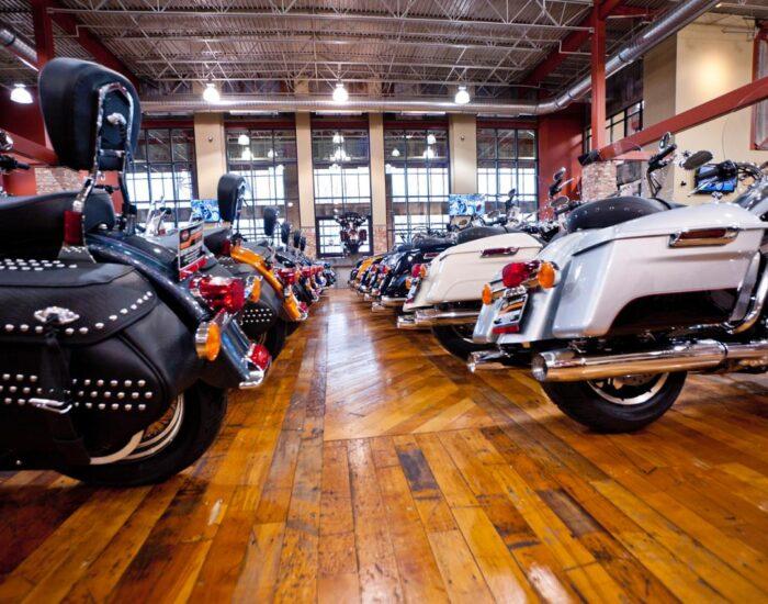 A reclaimed maple hardwood flooring at the Harley Davidson showroom In Southaven In Mississippi