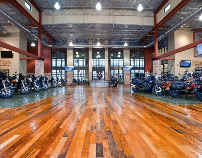 A reclaimed maple hardwood flooring at the Harley Davidson showroom In Southaven, MS