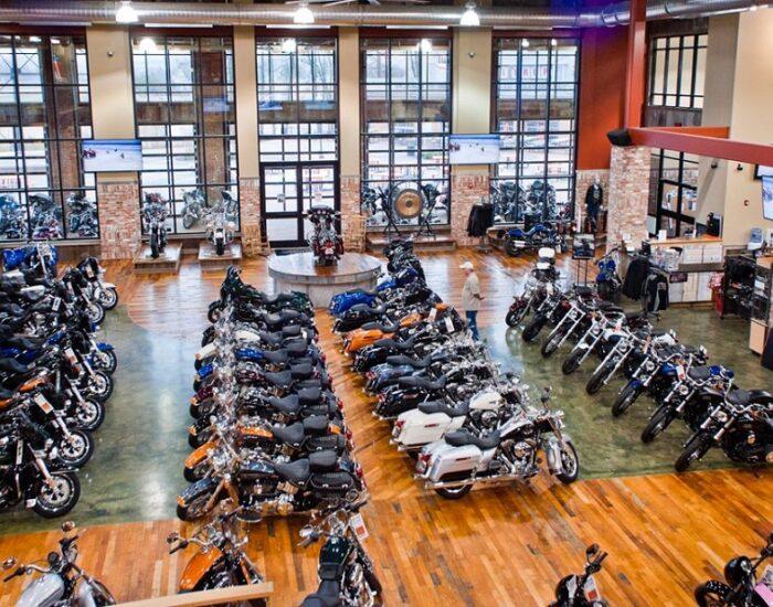 A man standing between motorcycles at the Harley Davidson showroom In Southaven, MS