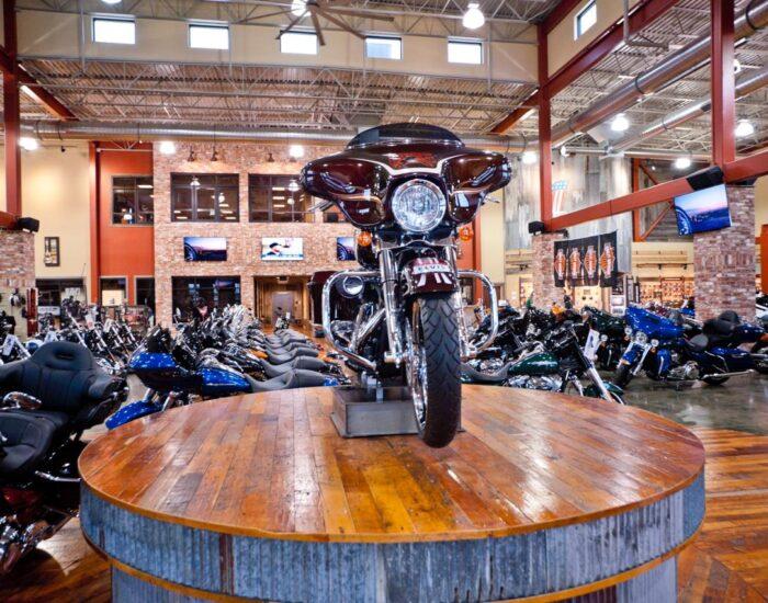 Reclaimed maple hardwood flooring at the Harley Davidson showroom In Southaven, MS