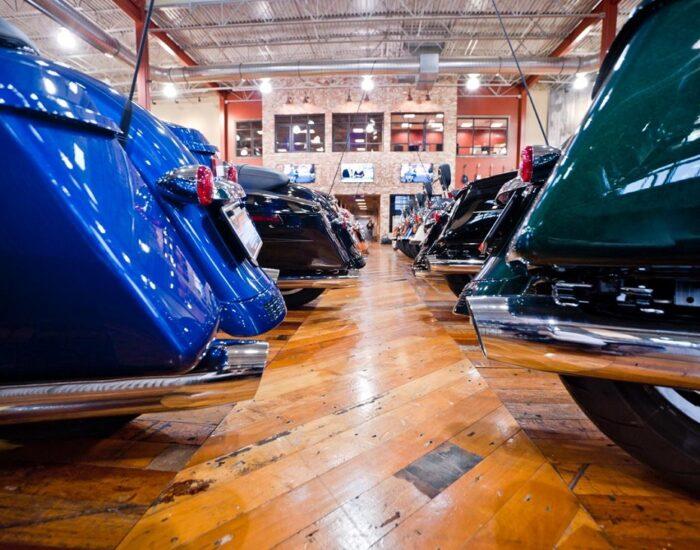 Motorcycles placed on a reclaimed hardwood flooring at the Harley Davidson showroom In Southaven, MS