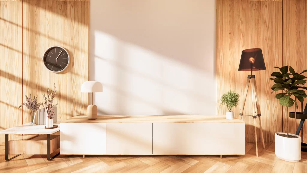 White Wooden Cabinet with White and Wood Accent Wall