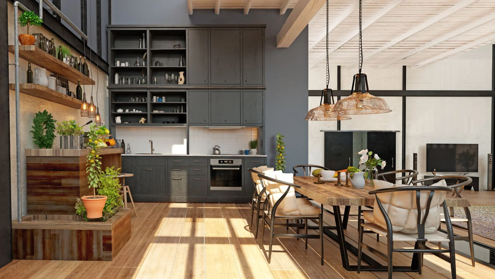 modern kitchen with wooden furniture